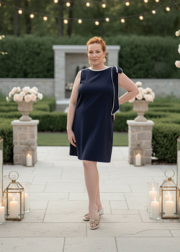 Navy Shift Mini Dress With Cream Trim - Jolie Femme Boutique