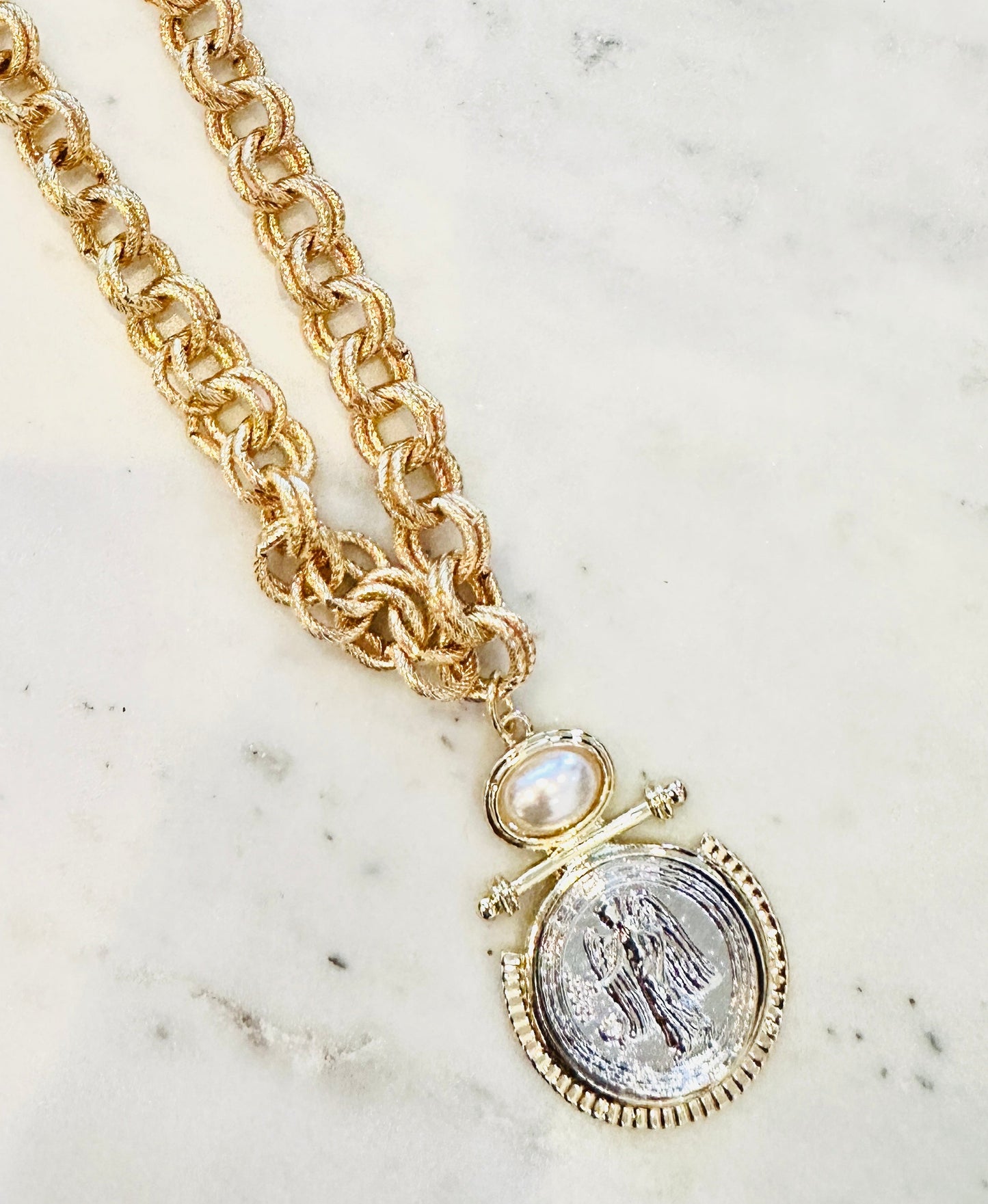 Gold Thick Chain with Silver and Gold Coin Necklace - Jolie Femme Boutique