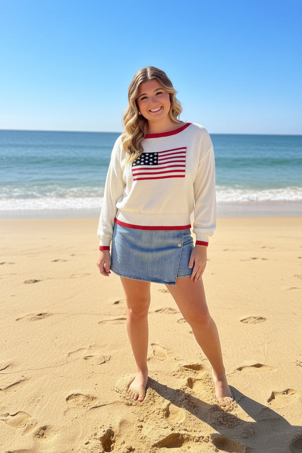 Cream Long Sleeve Flag Sweater - Jolie Femme Boutique