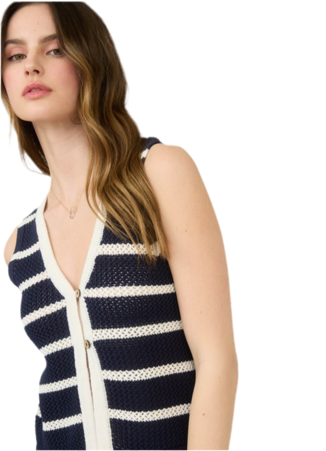 Stripe Button Front Vest Top- Navy