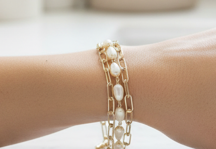 14K Gold Plated 3-Strand Paperclip & Pearl Bracelet