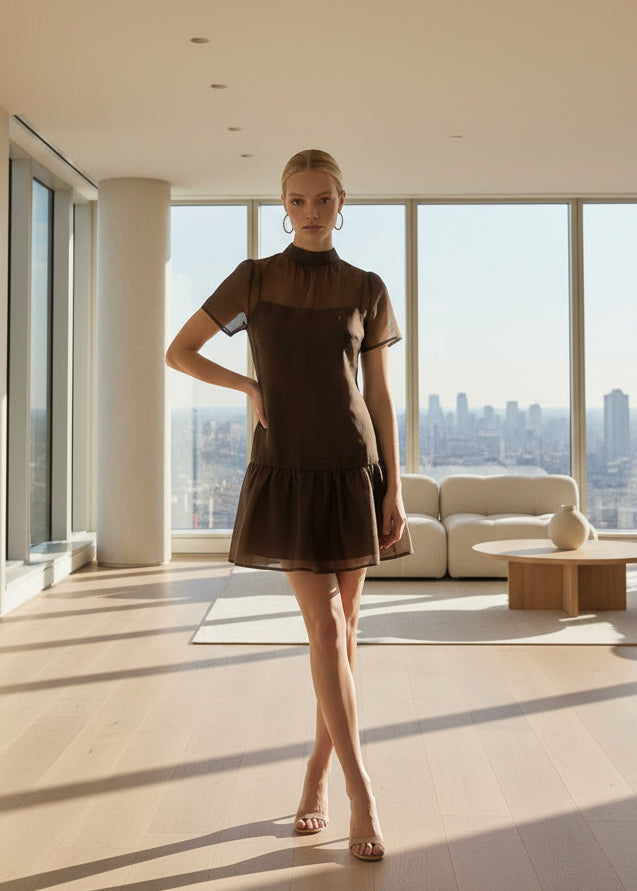 Dark Brown Organza Mock Neck Mini Dress