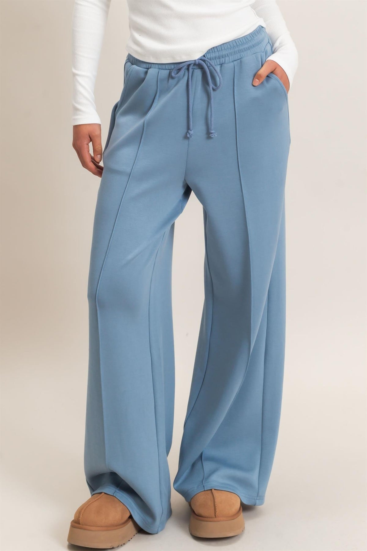 Drawstring Waist Pintuck Wide Leg Pants