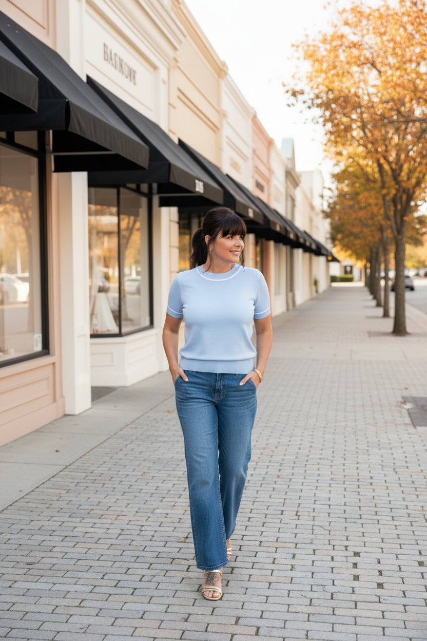 Light Blue Round Neckline Short Sleeve Top - Jolie Femme Boutique