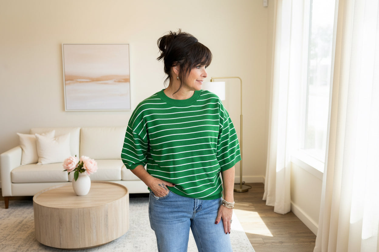 Green/White Stripe Short Sleeve Top