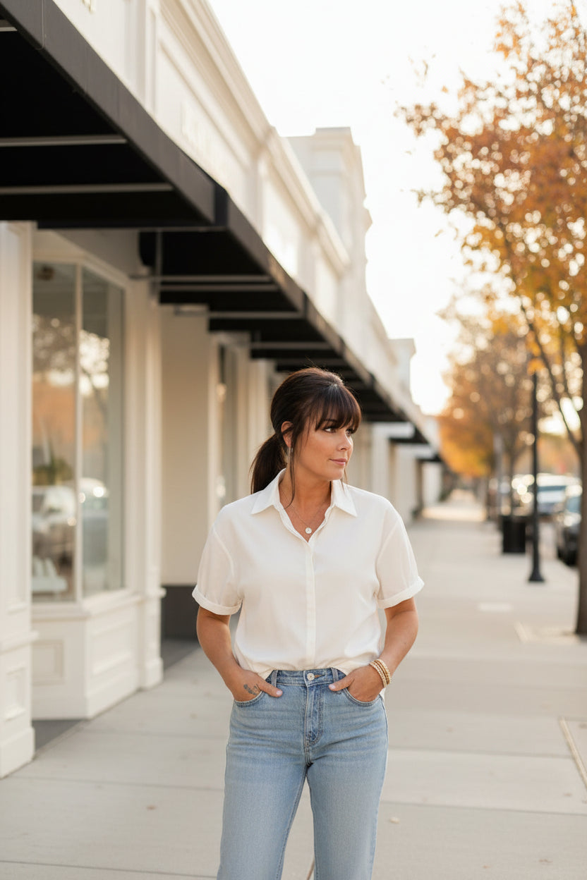 White Short Sleeve Button Down Top - Jolie Femme Boutique