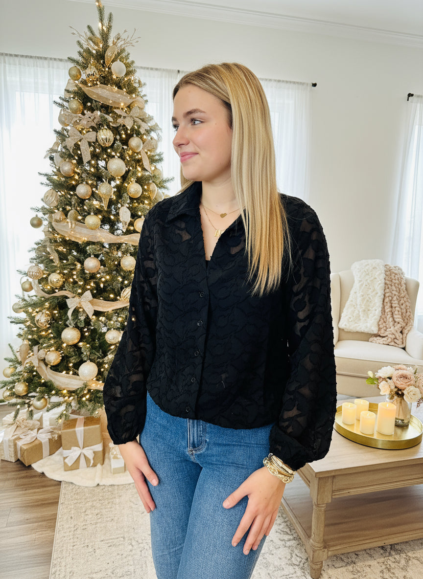 Black Jacquard Long Sleeve Button Up Top