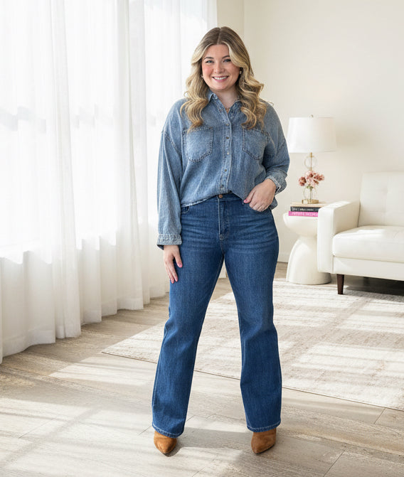 Washed Chambray Button Down Shirt - Jolie Femme Boutique