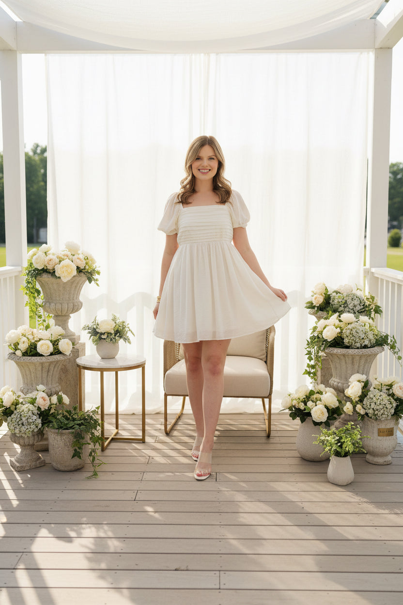 Off White Pleated Bodice Mini Dress - Jolie Femme Boutique