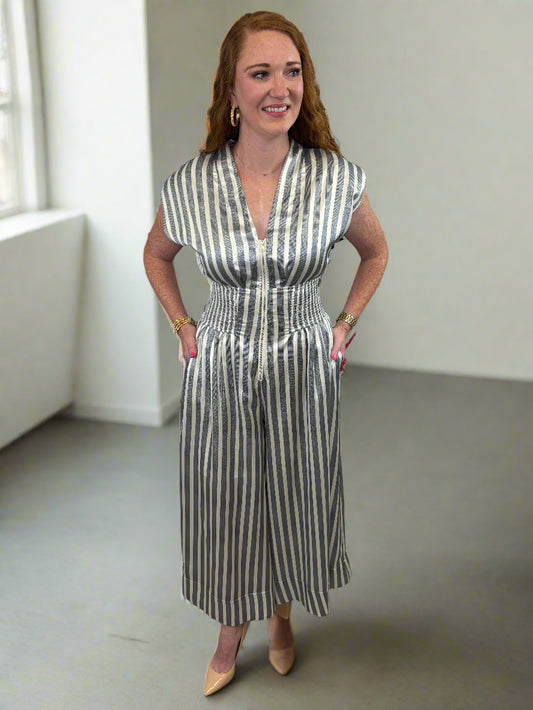 Smocked Front-Zipper Front Jumpsuit
