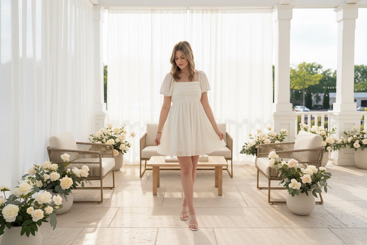 Off White Pleated Bodice Mini Dress - Jolie Femme Boutique