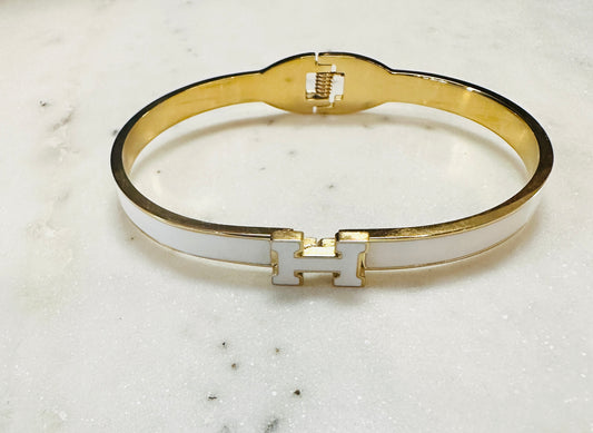 Small White Enamel H Hinged Bracelet - Jolie Femme Boutique