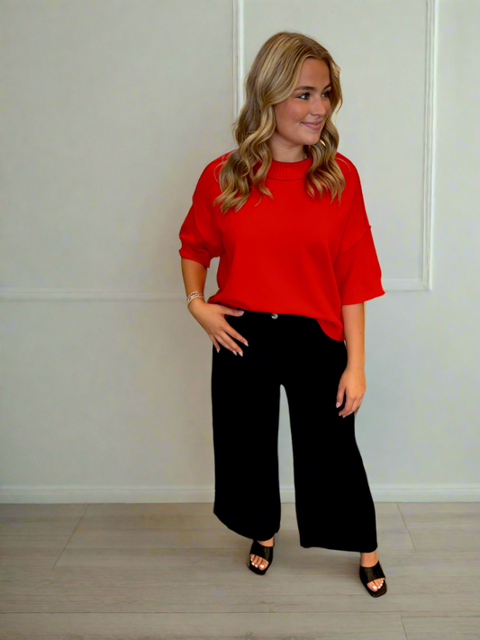 Red Crew-Neck Drop Shoulder Sweater