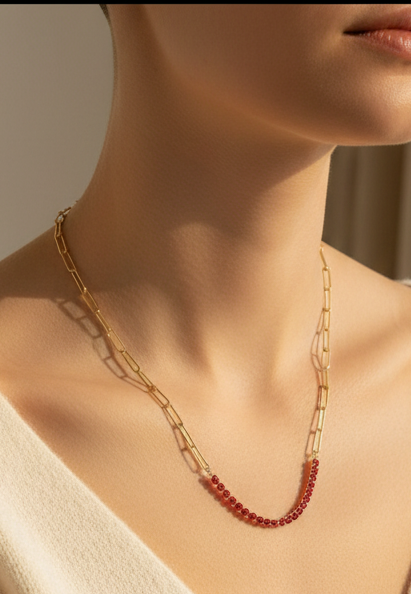 Gold Paperclip Chain With Red Stones
