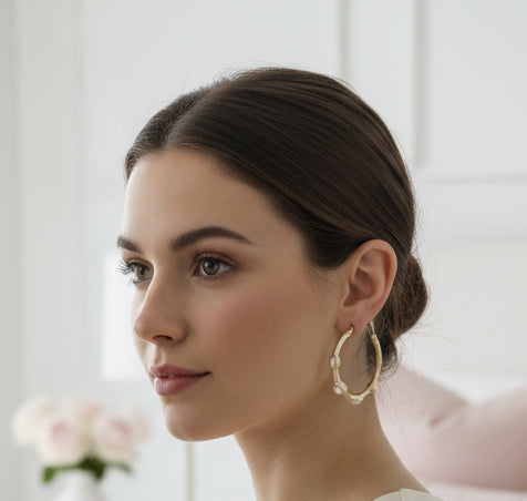 Matte Gold Bamboo Pearl Hoop - Jolie Femme Boutique