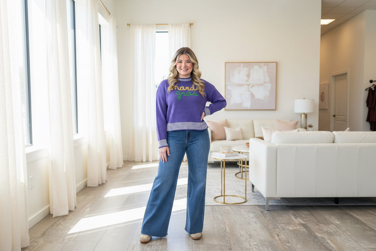 Mardi Gras Tinsel Lettering Sweater Top