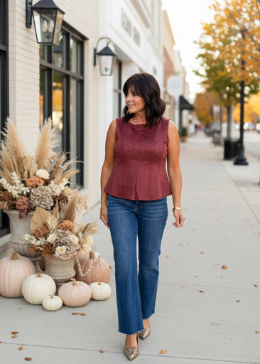 Mahogany Faux Suede Peplum Top