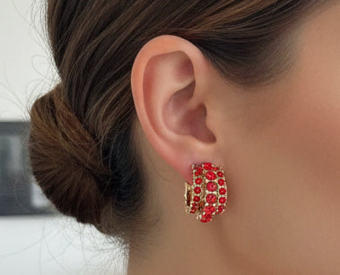 Three Row Red Rhinestone Hoop Earring