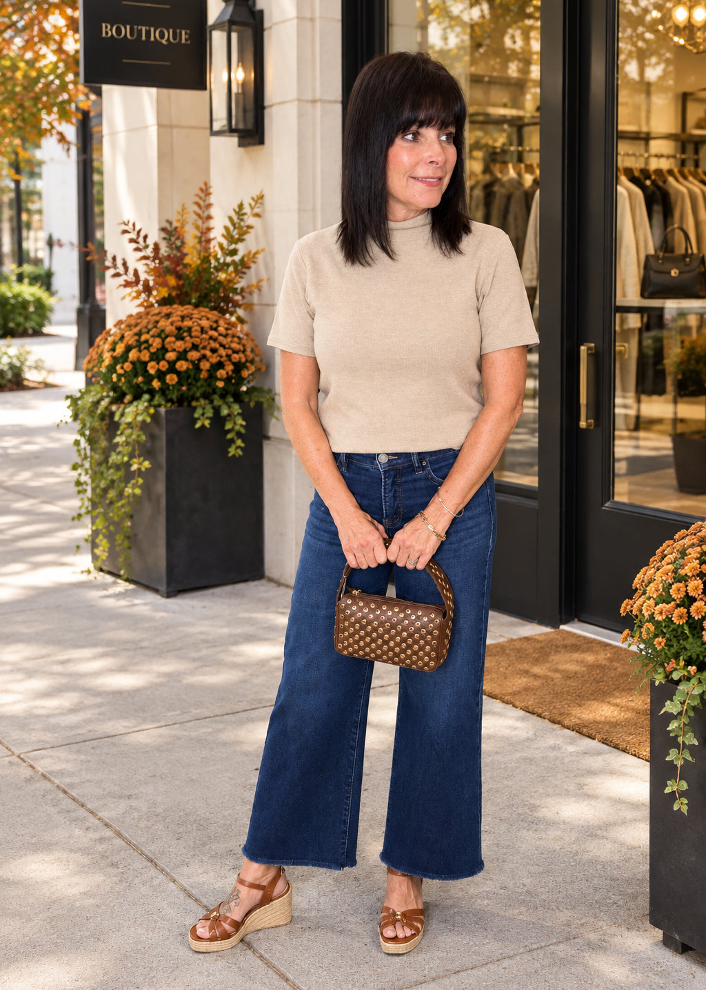 Beige Mock Neck Short Sleeve Top
