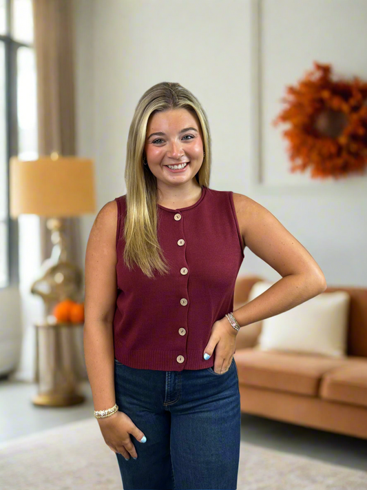 Raw Edge Button Vest Top- Burgundy - Jolie Femme Boutique