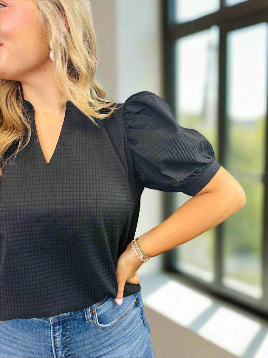 Black Ruffle V-Neck Puff Sleeve Top - Jolie Femme Boutique