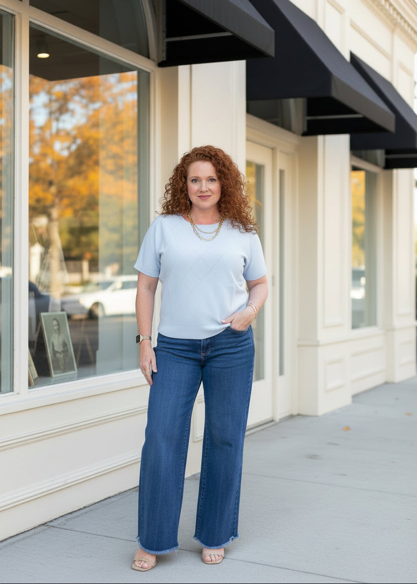 Pointelle Diamond Pattern Short Sleeve Top