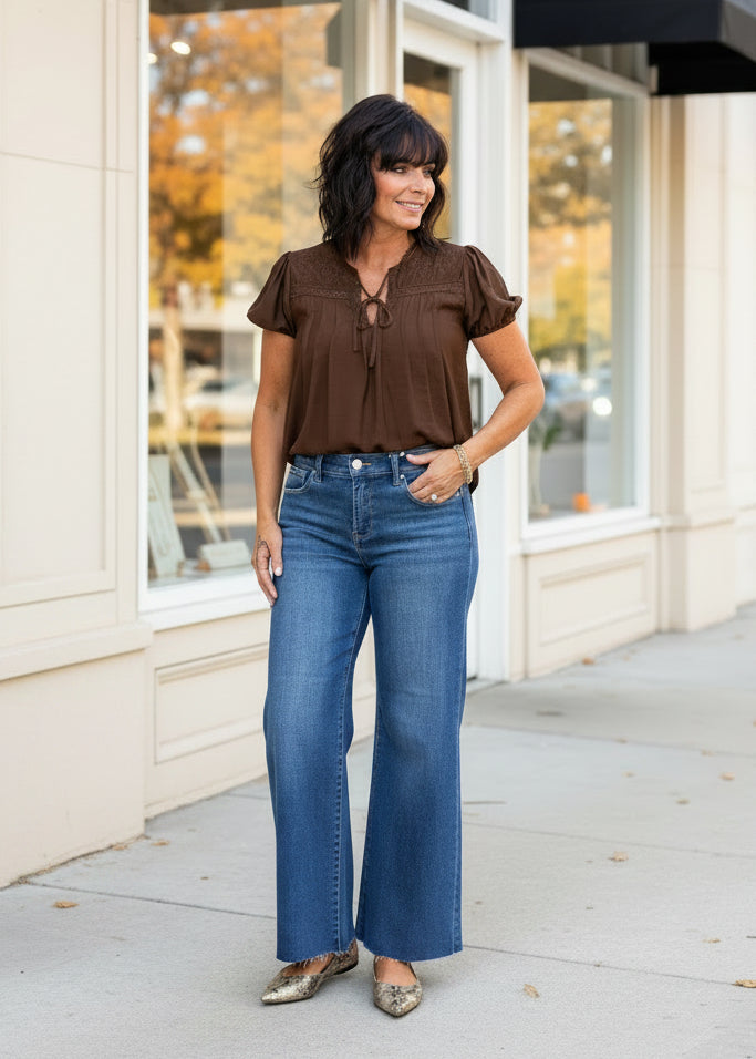 Brown Pintuck Short Sleeve Top