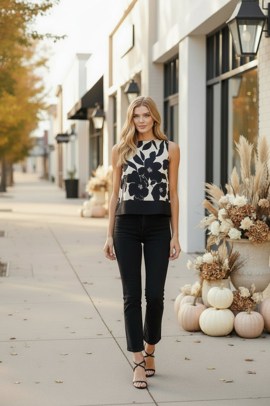 Black & White Floral Sleeveless Crop Top