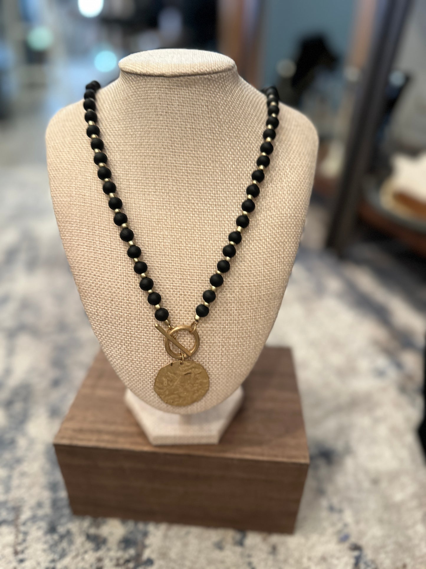 Wood Beaded Necklace With Gold Coin Accent