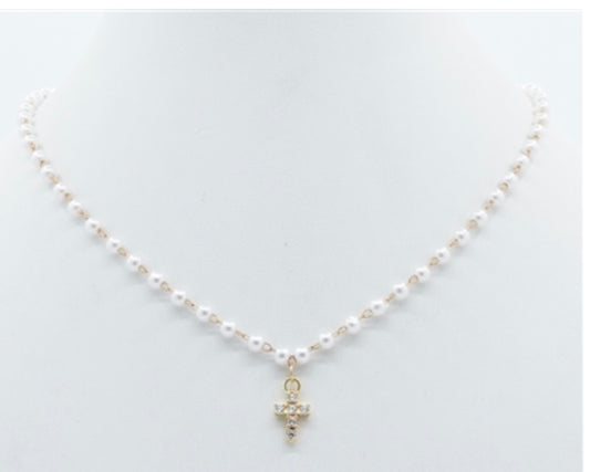 Pearl Necklace w/ Cross Charm