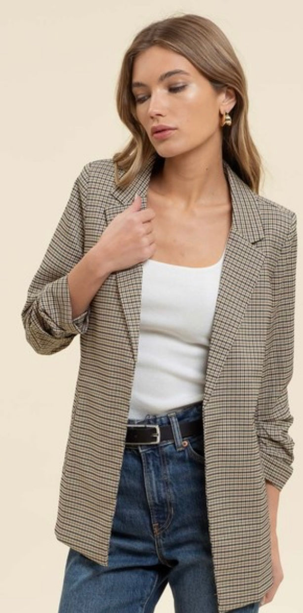 Plaid Ruched Sleeve Blazer