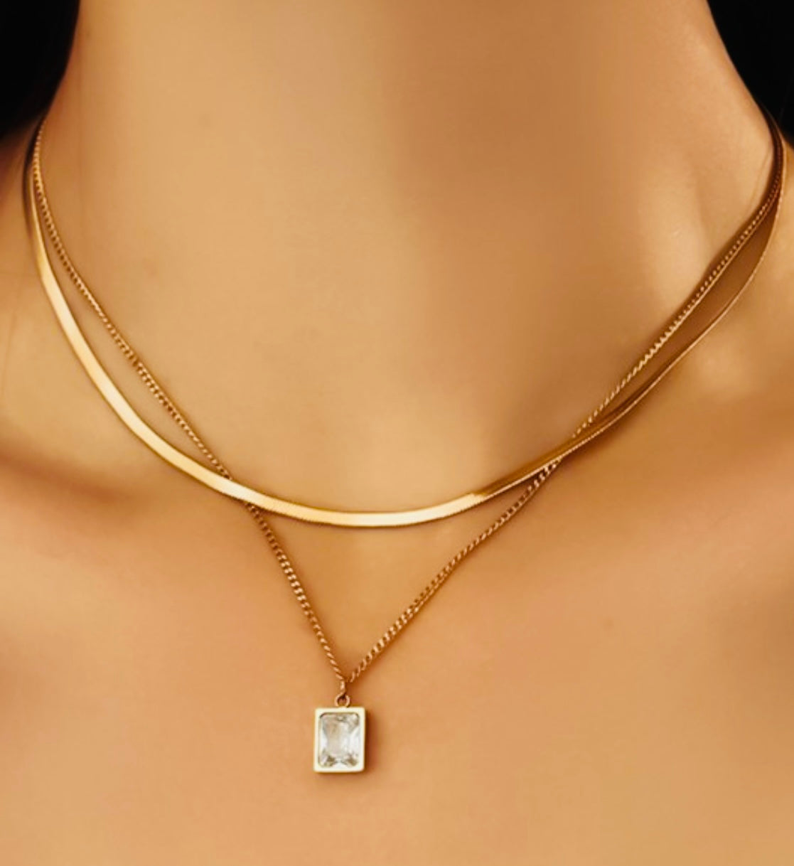 18K Gold Layered Chain W/ Clear Stone - Jolie Femme Boutique