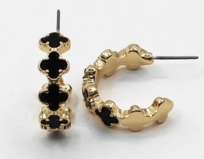 Gold Hoop W/ Black Clover Earring