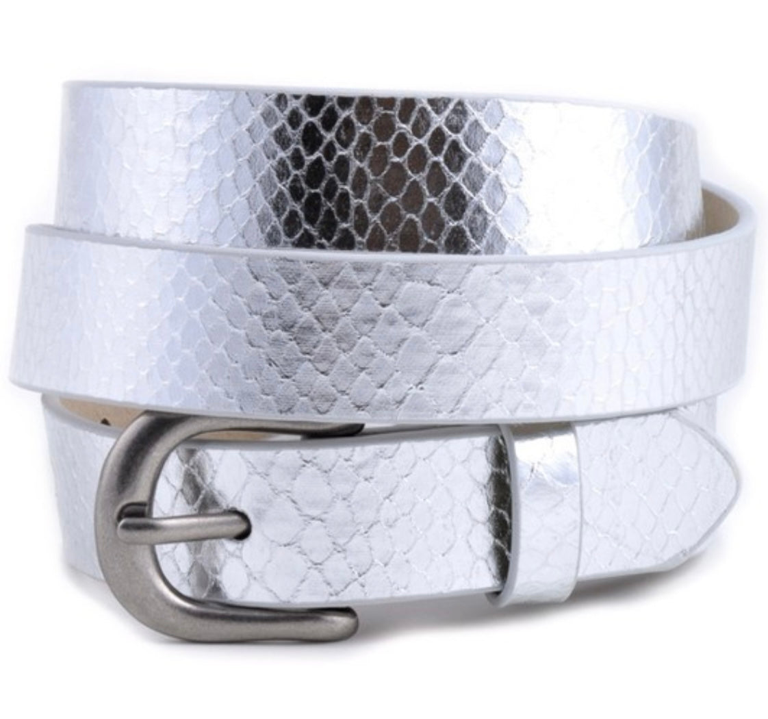 Metallic Silver Snake Print Belt