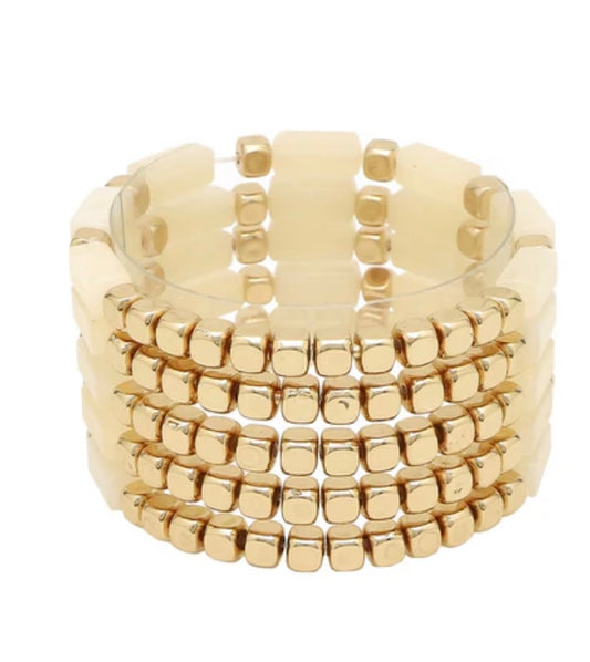 Cream Acrylic And Gold Stretch Bracelet