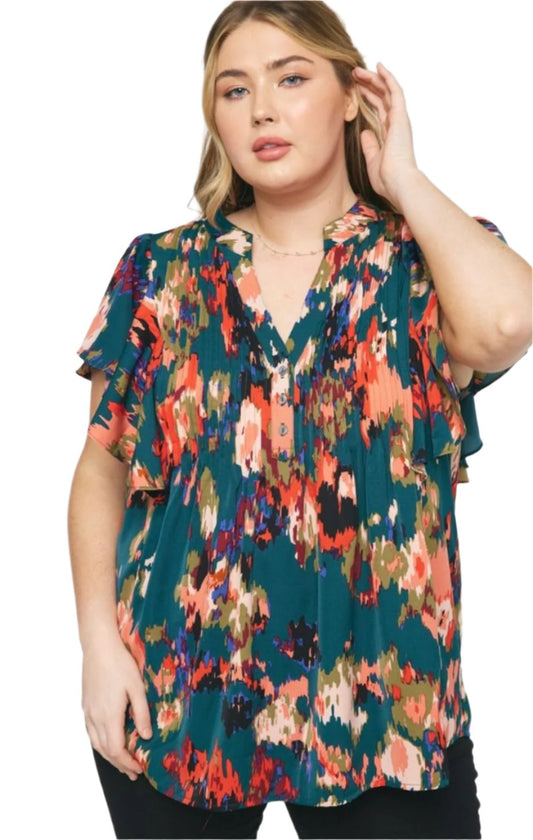 Plus Size Printed PintuckTop