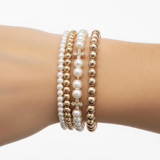 Gold, Pearl & Cross Bracelet Stack - Jolie Femme Boutique