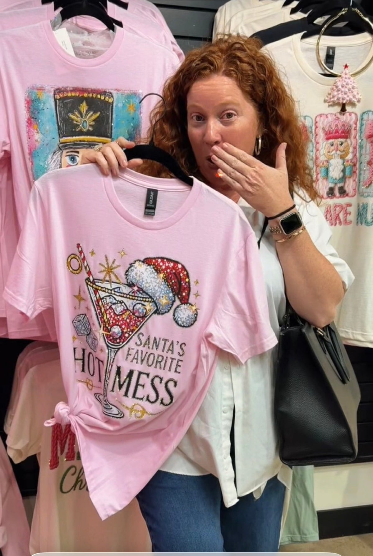 Jolie Femme Boutique Santa Hot Mess graphic t-shirt featuring festive holiday design on soft cotton fabric.