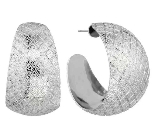 Silver Diamond Textured Hoop Earring