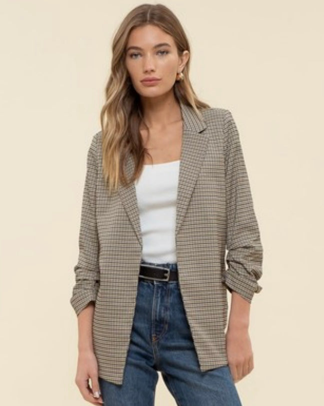 Plaid Ruched Sleeve Blazer