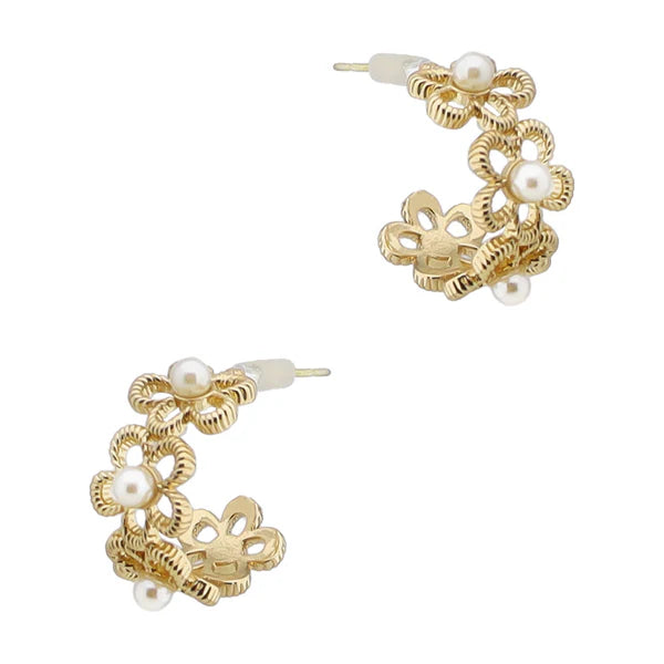Gold Open Flower Pearl Hoop Earrings