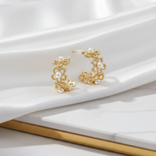 Gold Open Flower Pearl Hoop Earrings