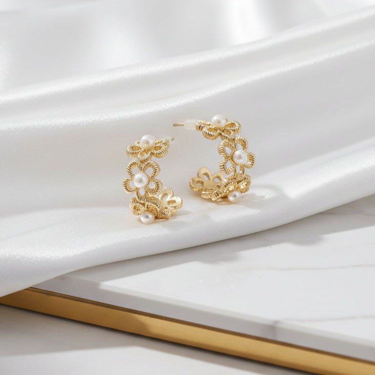 Gold Open Flower Pearl Hoop Earrings