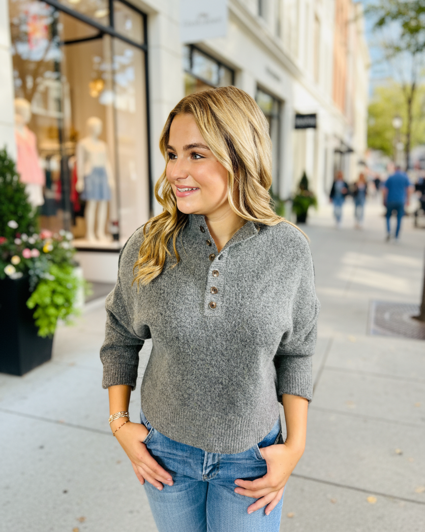 Gray Half Button Down Sweater - Jolie Femme Boutique