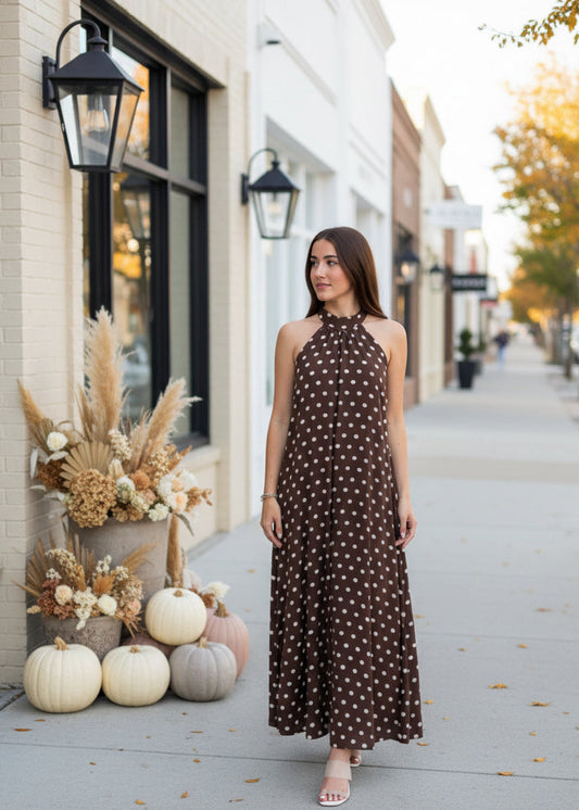 Brown Polka Dot Maxi Dress