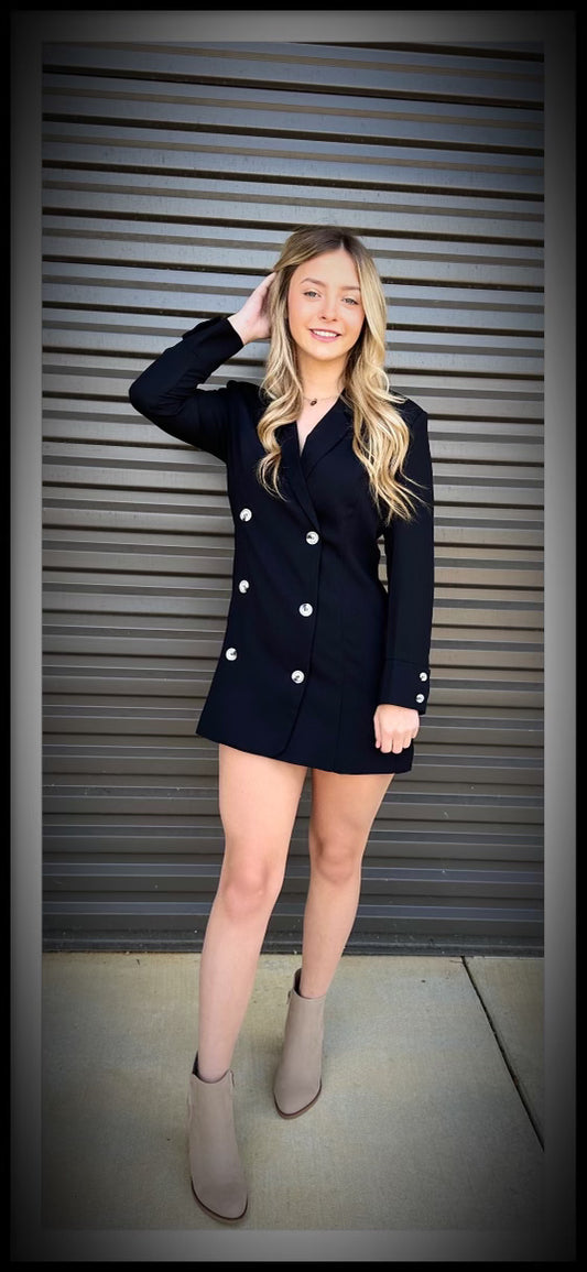 DOUBLE BREASTED BLAZER DRESS BLACK - Jolie Femme Boutique