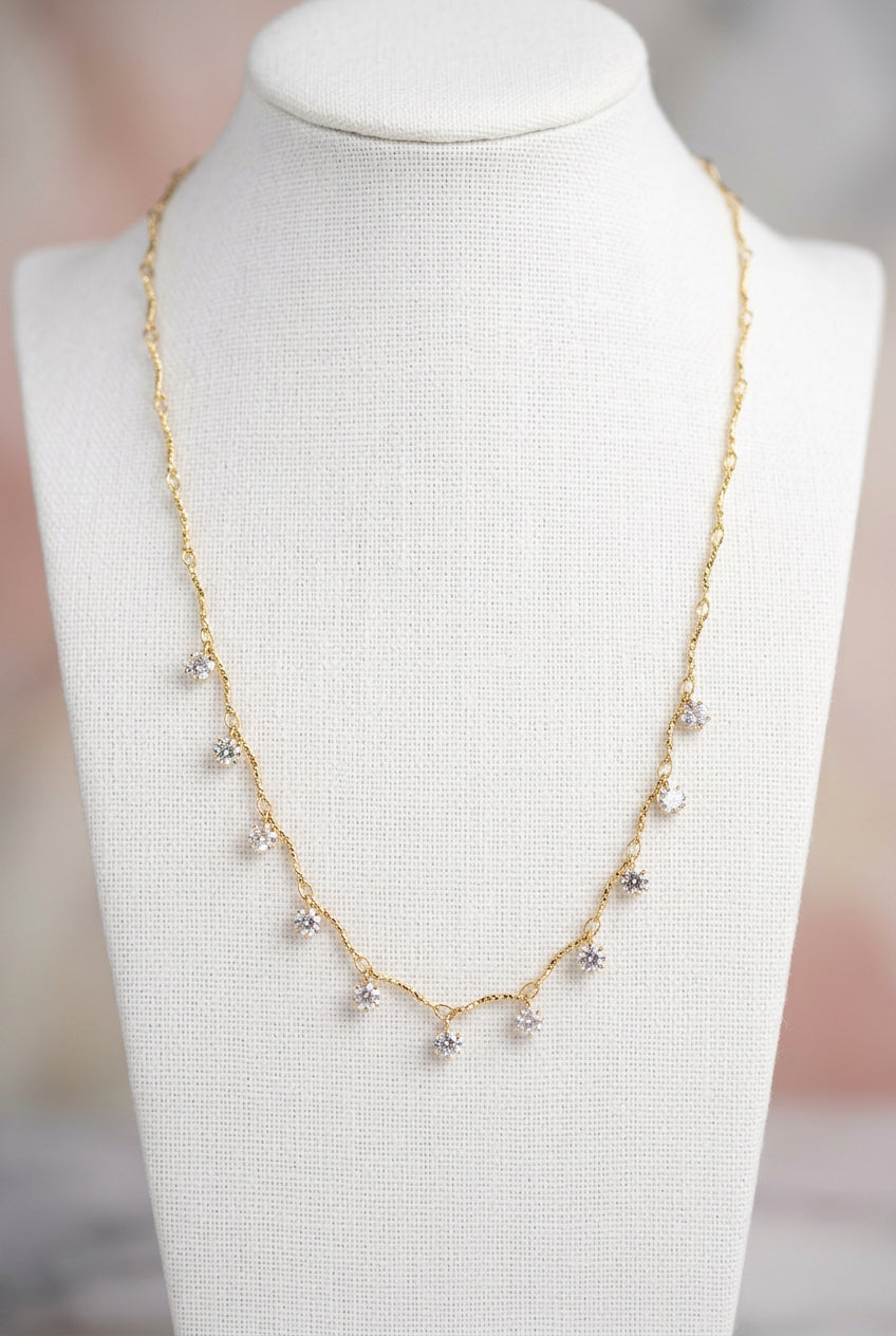 Gold Plated Wave Chain Crystal Drop Necklace