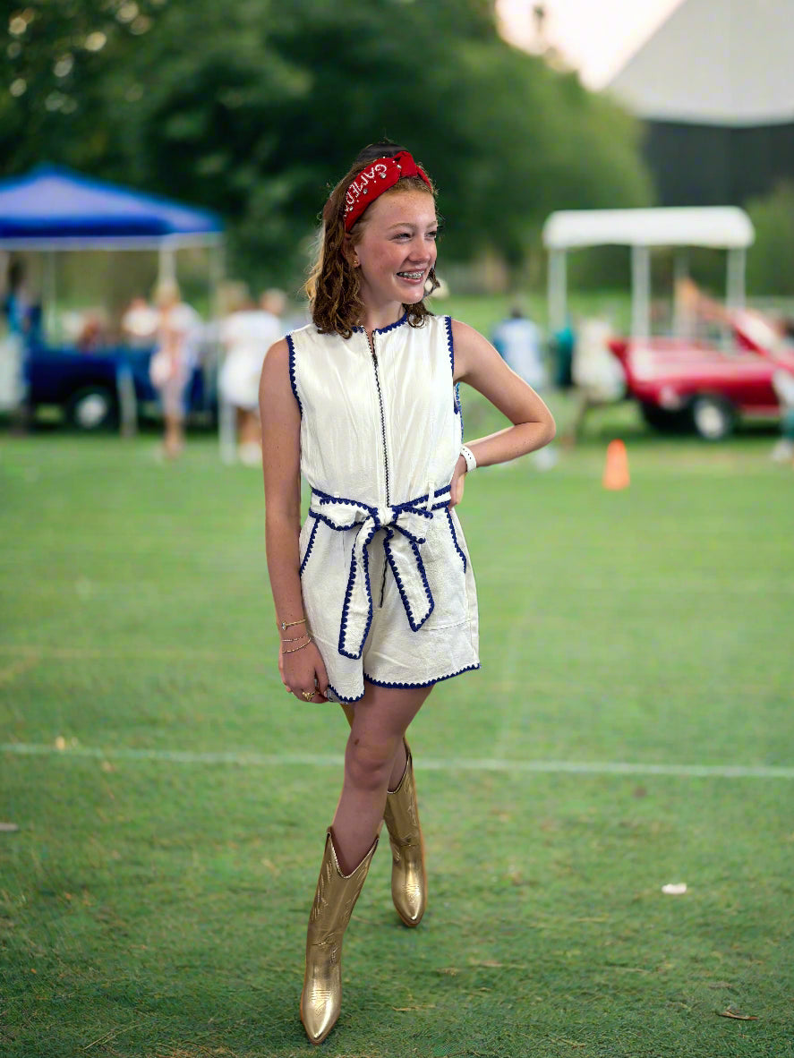 White Romper with Navy Embroidered Trim