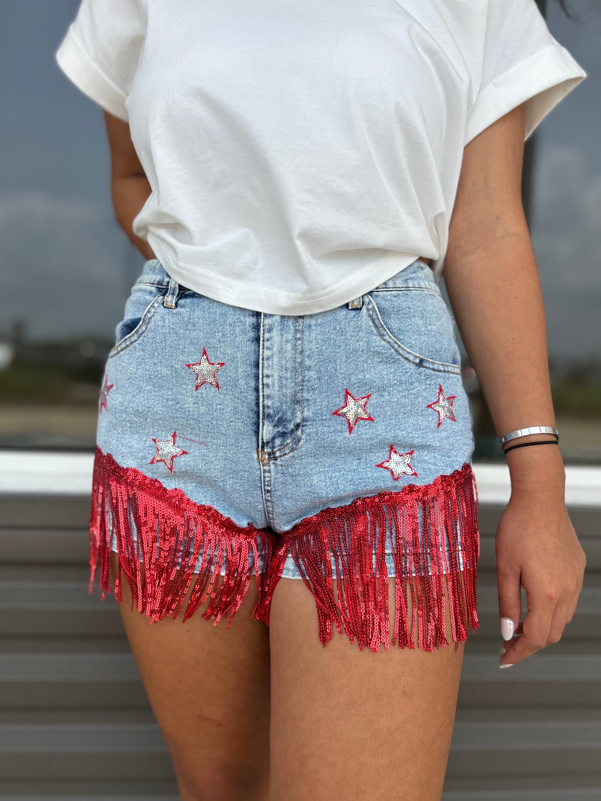 Star Patch With Red Fringe Shorts - Jolie Femme Boutique