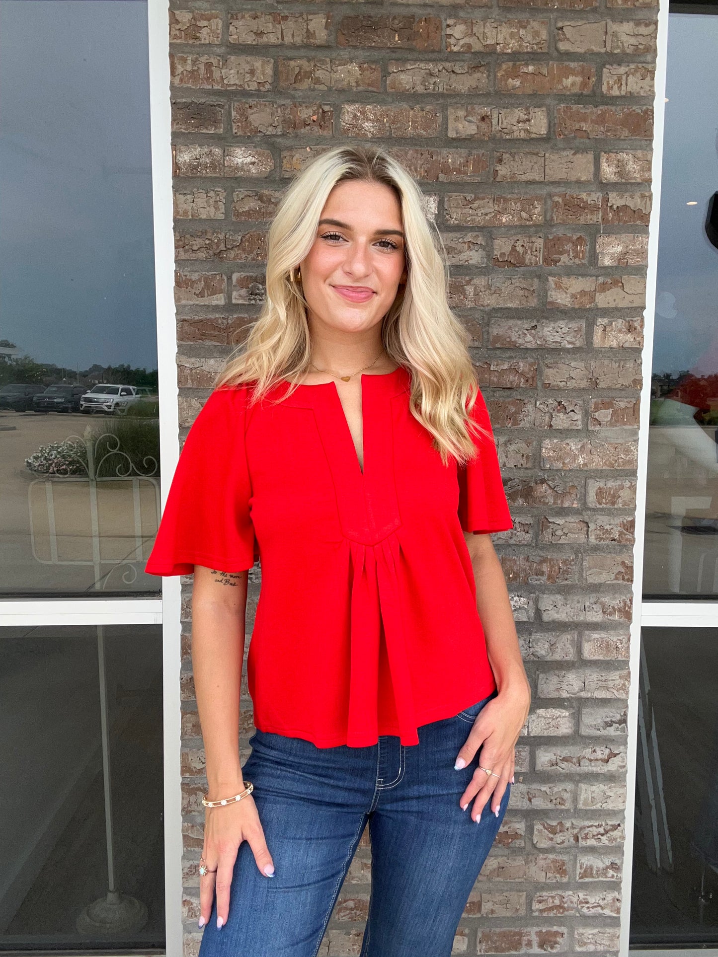 V Neck Flutter Sleeve Top Red